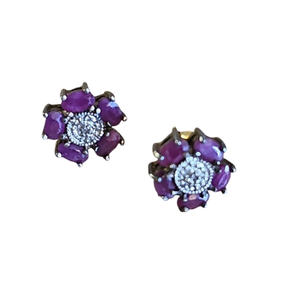 Sterling Silver Ruby Cluster Flower Earrings - Picture 1 of 5